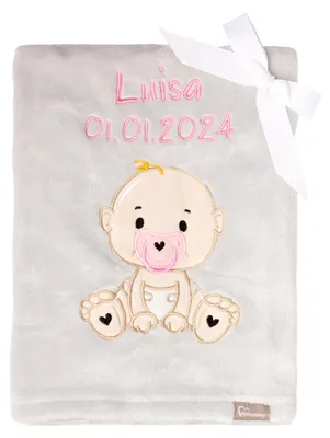 Image de Couverture pour bébé Be Mammy avec application 3D, brodée du prénom et de la date de naissance, 76 x 102 cm BE20-280 (gris clair – fille, 76 x 102 cm)