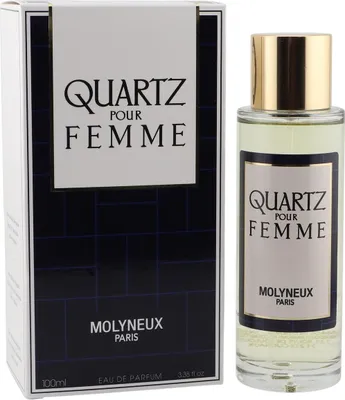Quartz pour Femme von Molyneux: transparenter Glasflakon mit goldener Kappe neben schwarz-weißer, eckiger Verpackung.