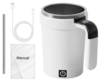 A white electric mug with a handle, a USB cable, a metal straw, and a manual are laid out on a white background.