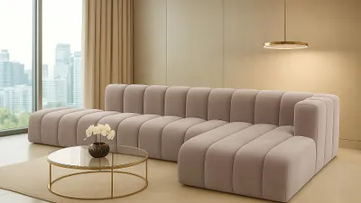 Image de Canapé d'angle avec pouf GRAND L, tissu Salvador, gris, droite