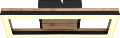 A modern ceiling light with a rectangular frame and wood accents.