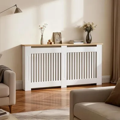 Produktbild von Heizkörperverkleidung 152×20×83 cm Hohe Heizkörperabdeckung mit Holzstruktur Vertikal Lamell Holz aus verdicktes MDF lackiert Landhausstil für Schlafzimmer Wohnzimmer Büro Heizkörper Abdeckung