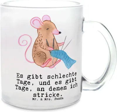 Produktbild von Mr. & Mrs. Panda Trinkglas Maus Stricken - Transparent - Geschenk, Pott, DIY, Tee Tasse, Häferl, Teetasse, Teeglas
