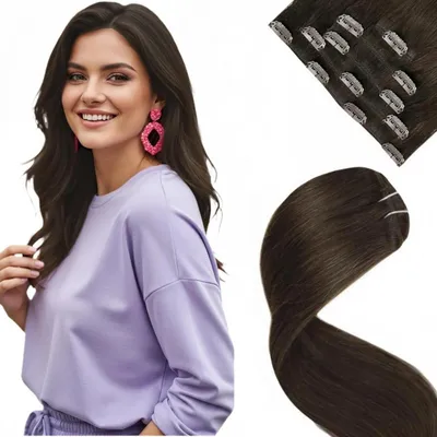 Zdjęcie produktu dla Pasemka do włosów typu clip-in, naturalne włosy, ciemnobrązowe, 55 cm, 70 g, 5 sztuk