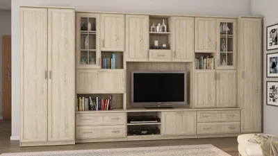 A modern living room wall unit with a television and storage cabinets.