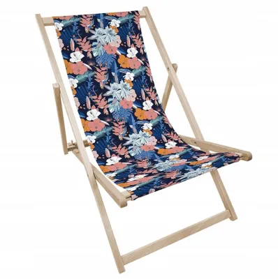 Produktbild von Liegestuhl klappbar aus Holz mit tropischem Pflanzenmotiv in Dunkelblau und Rosa – Klappstuhl Klappliege Sonnenstuhl Strandstuhl Gartenliege