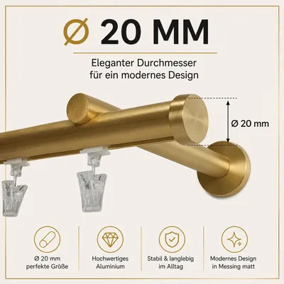 Produktbild von 1-läufige 300 cm Designer-Gardinenstange Ø20 mm Messing Matt Mit Integrierter Schiene Modernes Vorhangsystem Aluminium