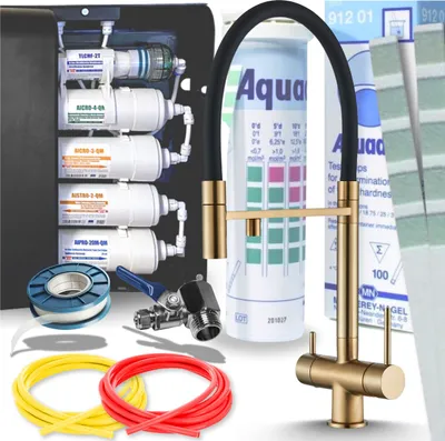 Obrázek produktu pro 3cestná kuchyňská baterie Ari HighFlex s výsuvnou sprškou, otočnou o 360°, přípojkou pro filtr vody, kartuse keramická, zlatá
