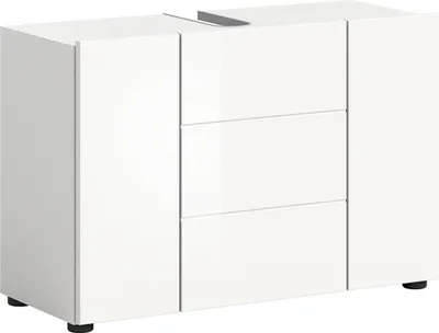 A white, high-gloss vanity cabinet with three drawers and two doors, shown from a three-quarter angle against a white background.