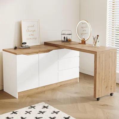 Produktbild von okwish Sideboard mit drehbare Tischplatte, Kommode mit feststellbaren Rollen und 3 Schubladen, Schreibtisch multifunktionales Design,Weiß