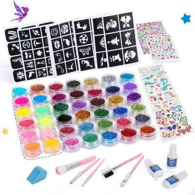 Produktbild von Glitzertattoo Set, Bledras Kinder Temporäre Tattoos mit 210 Schablonen 42 Glitzerpulver 3 Hautkleber 5 Pinsel 6 Aufkleber für Jungen und Mädchen
