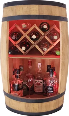 Produktbild von Fass-Bar mit RGB-LED-Beleuchtung mit klappbarer Weinliege, 80cm Fass-Hausbar hellbraun