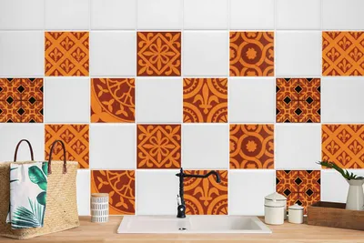 Produktbild von 24 Stück Laminierter Fliesen-Aufkleber Bodenfliesen für Küchen und Bad Orange Mosaik 20 x 20 cm
