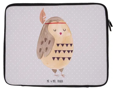 Produktbild von Mr. & Mrs. Panda Laptop Tasche Eule Federschmuck 27 x 36 cm - Grau Pastell - Geschenk, Laptophülle, Dekoration, Hülle, Case, Owl, Laptoptasche, Abenteuer