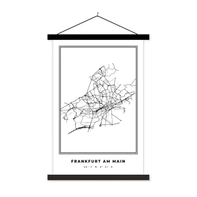 Produktbild von MuchoWow® Textilposter Stadtplan - Deutschland - Schwarz-weiß - Frankfurt am Main - Karte 60x90 cm mit schwarzem Rahmen - Poster Wohnzimmer
