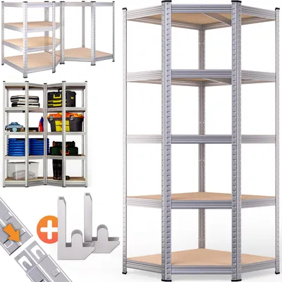 Multiple shelving units and assembly parts are displayed against a white background.