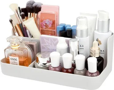 Produktbild von Unyqoos® Make-up-Organizer aus ABS, Kosmetik-Aufbewahrung 25,5 x 13 x 10,5 cm, Grau – Schminktisch-Box für Pinsel, Lippenstift & Accessoires