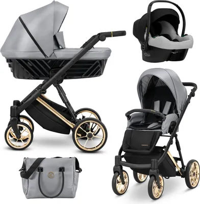 Produktbild von Kinderwagen IVENTO Sportwagen Babywagen Babyschale Komplettset Kinder Wagen Autositz Set 3 in 1 (Eco Grey Metalic, Rahmenfarbe: Gold)