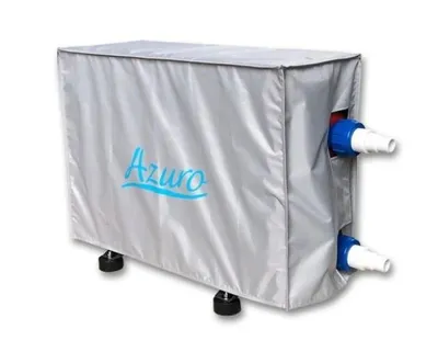 A silver cover for a heat pump with the brand name 'Azuro' printed on it.