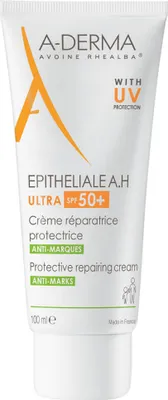 A product shot of a tube of A-Derma Epithelialea.H Ultra Protective Repairing Cream with SPF 50+.