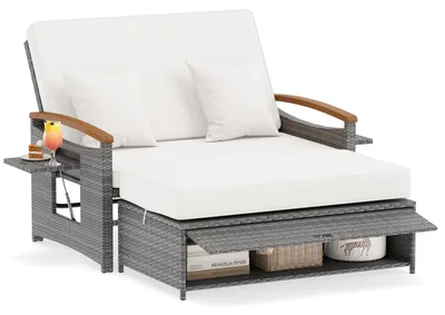 Produktbild von COSTWAY Polyrattan Gartensofa mit Liegefunktion, Sonnenliege mit verstellbarer Rückenlehne, ausklappbarem Seitenablage, Auflage Loungebett Doppelliege