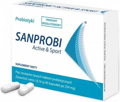 A box of Sanprobi Active & Sport probiotics with two capsules in the foreground.