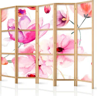 A multi-panel room divider with a floral watercolor design.