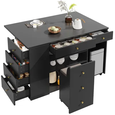 Image de Îlot de cuisine, buffet avec tabourets de bar, casier, meuble de cuisine avec 6 tiroirs et tabourets, largeur réglable 140 × 40 (70) × 89 cm, noir