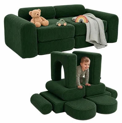 Produktbild von Relaxdays Kinder-Spielsofa, modular, 10-tlg., weiche Bausteine, Kindercouch, Cord, HBT: 32x108x50 cm, Spielcouch, grün