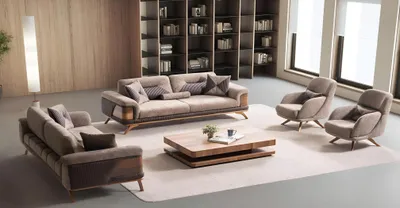 Produktbild von Stilvolles 3-Sitzer Sofa mit modernem Stoff und edlen Holzdetails