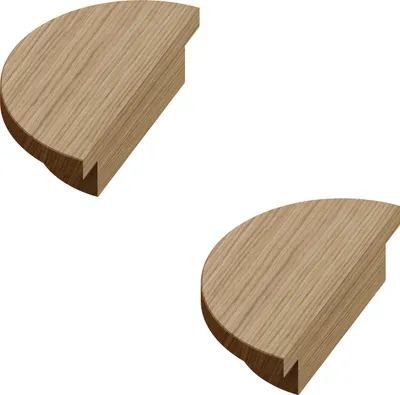 Two wooden quarter-circle shaped cabinet handles shown from a slightly angled perspective against a white background.