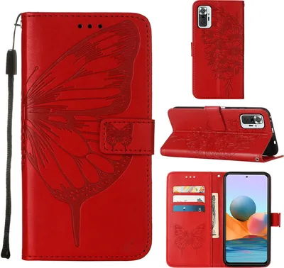 Produktbild von Redmi Note 10 Pro Hülle, Schmetterling Prägung Flip Leder Kartenfächer Schutzhülle Ledertasche mit Ständer für Xiaomi Redmi Note 10 Pro / 10 Pro Max Rot