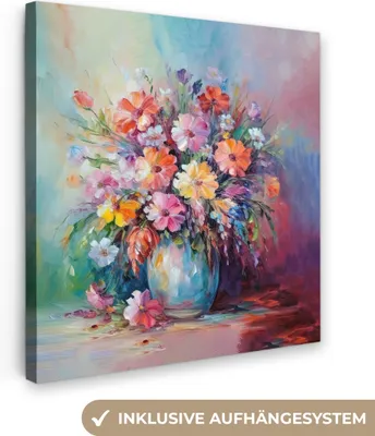 Produktbild von MuchoWow® - Leinwandbilder - Blumen - Kunst - Malerei - Frühling - Blumenstrauß, Wandbild, Wanddeko Bilder Wohnzimmer, 20x20 cm