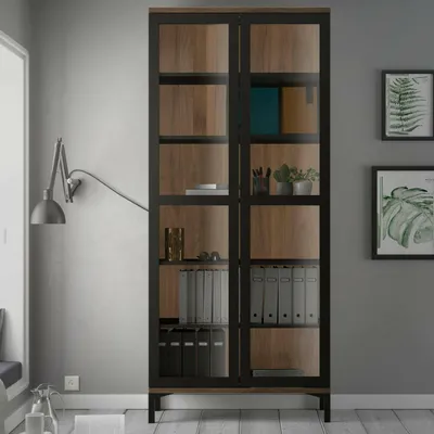 Produktbild von Vitrine Lisanne, Glas-Sideboard, Mehrzweckvitrine, Hängendes Bücherregal mit Glastüren, 89x36 h203 cm, Schwarz und Walnuss