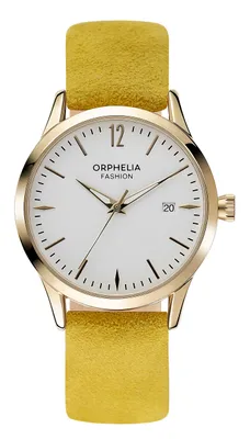 Immagine prodotto di Orologio da polso da donna Orphelia Fashion, cinturino in pelle gialla, movimento al quarzo, display analogico, con dettagli in pelle scamosciata