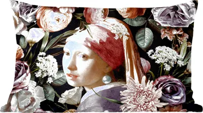 Produktbild von MuchoWow® Zierkissen Sofakissen Wohnzimmer Dekokissen 50x30 cm Mädchen mit Perlenohrring - Blumen - Vermeer - Pastell - Kunstwerk - Gemälde - Alte Meister - Wohnzimmerdekoration - Polster mit Photo