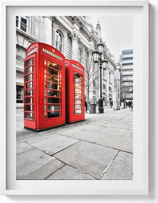 Produktbild von Rote Telefonzellen in London– Wandbild mit Rahmen – Gerahmtes Bild  – Wanddekoration – 60x80 cm –  Weiß Rahmen