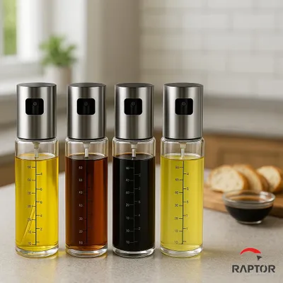 Zdjęcie produktu dla 4× Zestaw szklanych rozpylaczy oleju - 100 ml - Do frytownicy, grilla, sałatek i pieczenia - w tym akcesoria - Bez BPA - Szklane butelki z rozpylaczem oleju