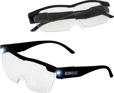 Two views of a pair of magnifying glasses with LED lights.