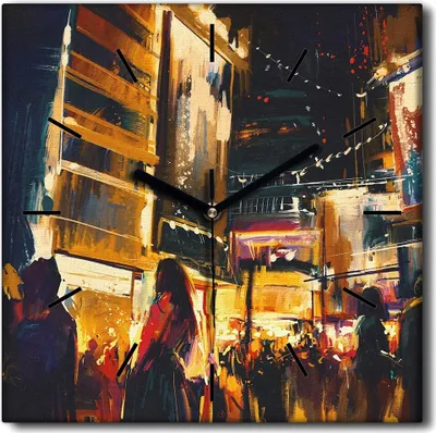 Produktbild von Coloray Uhr auf Leinwand 30x30 cm Wand Uhr Dekoration Wohnzimmer Segeltuch schwarze Hände -Nachtstadtstadt