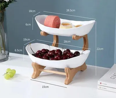 Produktbild von Famanu Präsentationsschalen 2-stufig auf Holzständer - Porzellanschalen für Obst und Snacks - Weiß