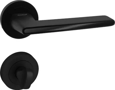 A black door handle set, including a lever handle and a privacy knob, is shown against a white background.