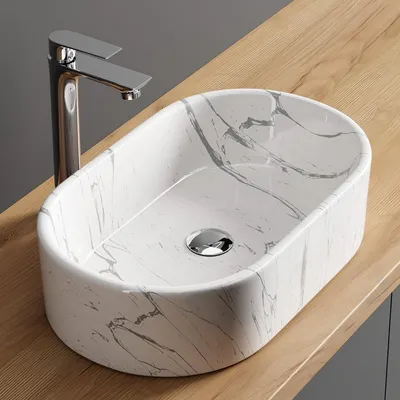 Produktbild von Planetmöbel Aquil Deluxe Waschbecken Oval 55 cm - Marmor Weiß | Aufsatzwaschbecken für Badezimmer und Gäste-WC
