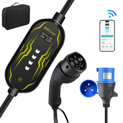 Image de Câble de recharge portable de type 2 pour véhicules électriques (EV) et hybrides rechargeables (PHEV), avec prise Schuko 7 kW, 6-16 A, 5 m, monophasé, prise CEE et écran LCD