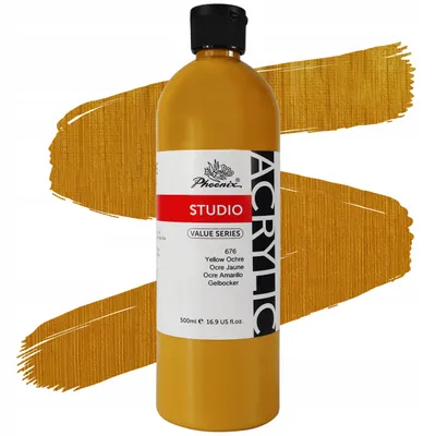Produktbild von Phoenix Acrylfarbe 500ml – 676 Gelber Ocker (Yellow Ochre) – Künstlerfarbe Studio Qualität – Warmer Erdton – Wasserfest für Leinwand, Holz, Steine