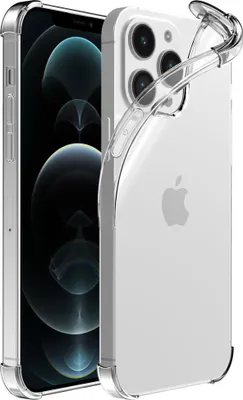 A clear, studio shot of a transparent phone case on a white background, showcasing its design and fit on a smartphone.