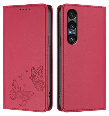 Produktbild von Lederhülle für Sony Xperia 1 VII, Schmetterling Prägung Leder Brieftasche Schutzhülle mit Ständer Rot
