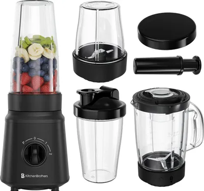 Produktbild von KitchenBrothers Standmixer - Komplettset - 2x 750ml Behälter - Zerkleinerer - Stampfer - To-Go Becher - Schwarz