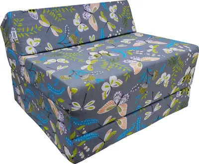 A folded mattress/chair with a butterfly and floral pattern on a white background.