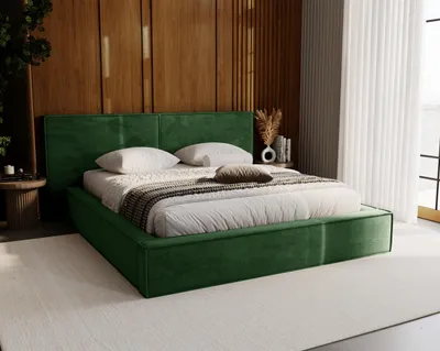 Obrázek produktu pro Čalouněná postel 160x200 cm Elda – manželská postel s velkým čelem – rošt, úložný prostor – samet zelený